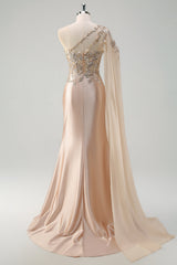 Champagne one shoulder applique mermaid prom dress