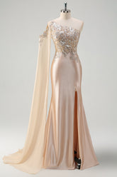 Champagne one shoulder applique mermaid prom dress