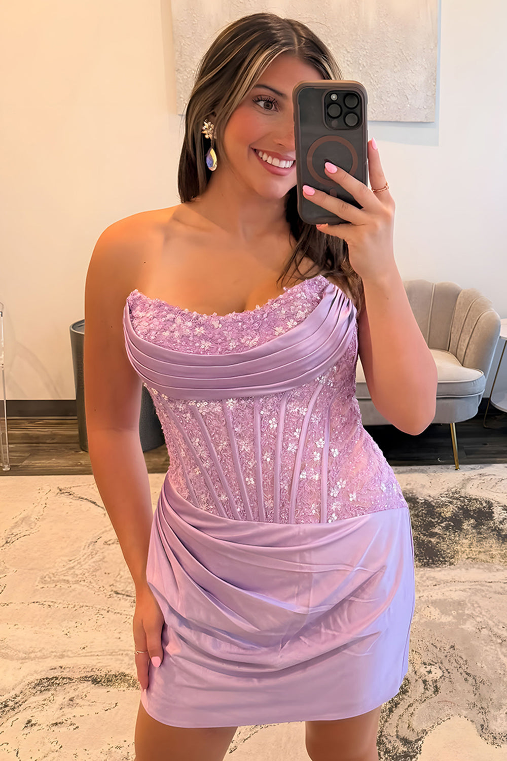 Sparkly Champagne Satin Bodycon Short Corset Homecoming Dress with Lace