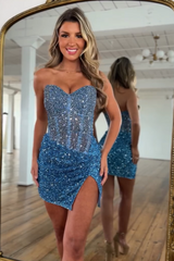 Sparkly Champagne Strapless Tight Sequins Short Corset Homecoming Dress with Rhinestones