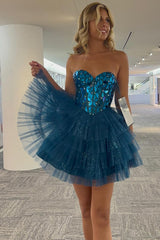 Sparkly Champagne Sweetheart A-Line Tulle Tiered Homecoming Dress