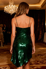 Sparkly Dark Green Sequin Spaghetti Straps Mini Cocktail Dress with Ruffles