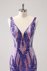 Sparkly Dark Purple V Neck Bodycon Sequins Homecoming Dress