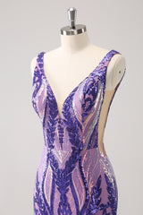 Sparkly Dark Purple V Neck Bodycon Sequins Homecoming Dress