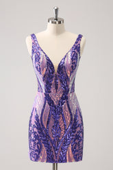 Sparkly Dark Purple V Neck Bodycon Sequins Homecoming Dress