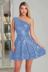 Sparkly Fuchsia One Shoulder A-Line Short Sequin Homecoming Dress