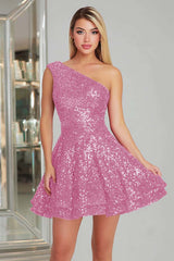 Sparkly Fuchsia One Shoulder A-Line Short Sequin Homecoming Dress