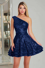 Sparkly Fuchsia One Shoulder A-Line Short Sequin Homecoming Dress