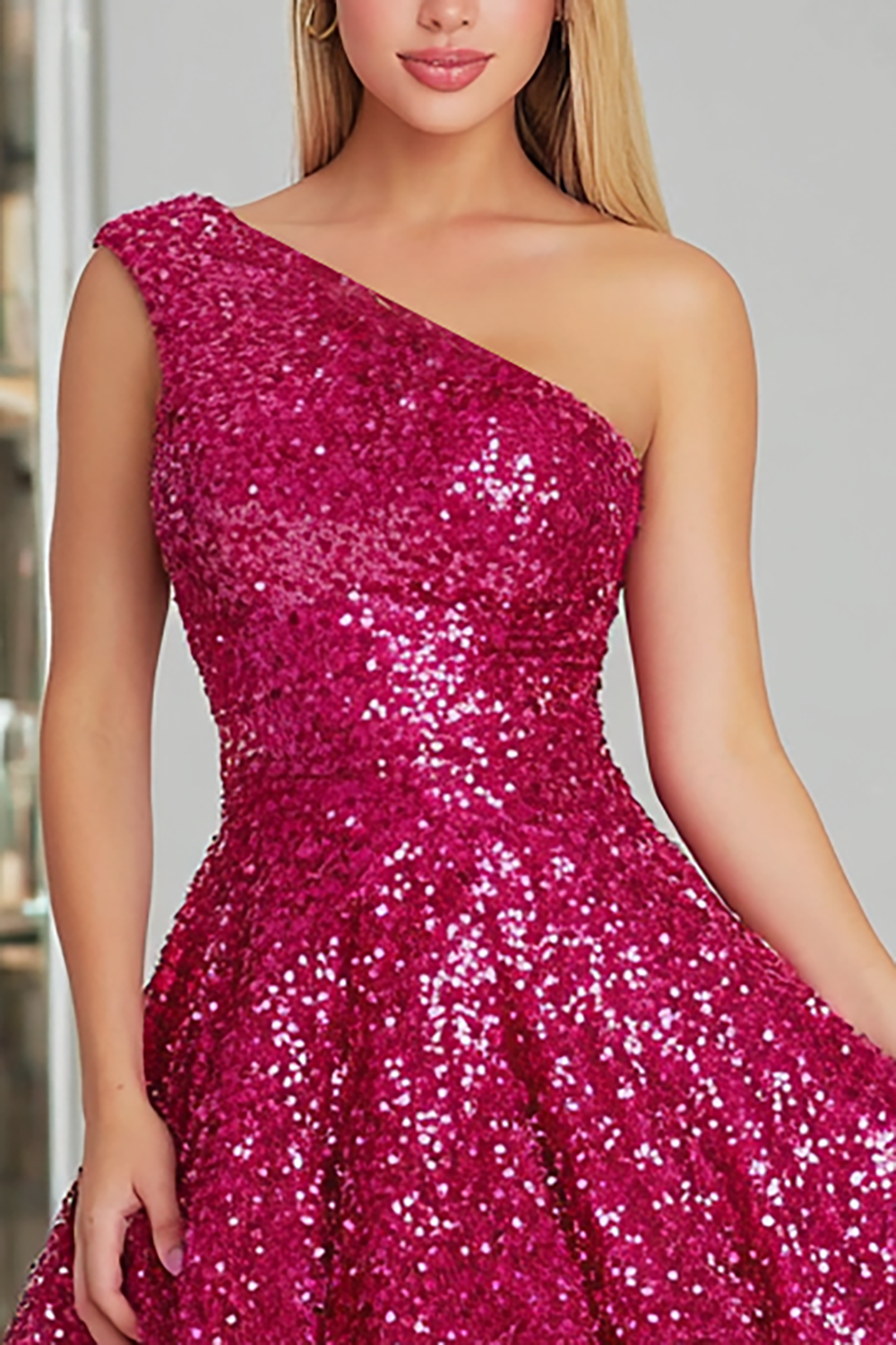 Sparkly Fuchsia One Shoulder A-Line Short Sequin Homecoming Dress