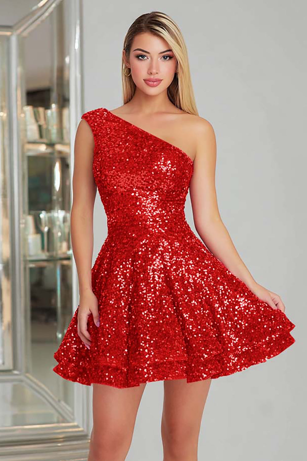 Sparkly Fuchsia One Shoulder A-Line Short Sequin Homecoming Dress