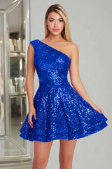 Sparkly Fuchsia One Shoulder A-Line Short Sequin Homecoming Dress
