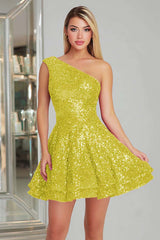 Sparkly Fuchsia One Shoulder A-Line Short Sequin Homecoming Dress