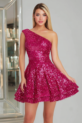 Sparkly Fuchsia One Shoulder A-Line Short Sequin Homecoming Dress
