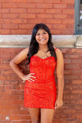 Sparkly Fuchsia Spaghetti Straps Sequins Bodycon Short Corset Homecoming Dress