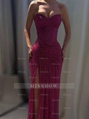 Sparkly Fuchsia Sweetheart Beaded Strapless Formal Dress with Slit