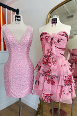 Sparkly Fuchsia Tight V Neck Short Pearls Homecoming Dress with Beading