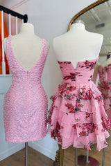 Sparkly Fuchsia Tight V Neck Short Pearls Homecoming Dress with Beading