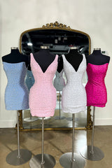 Sparkly Fuchsia Tight V Neck Short Pearls Homecoming Dress with Beading