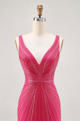 Sparkly Fuchsia V-Neck Tight Short Homecoming Dress with Beading