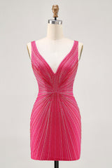 Sparkly Fuchsia V-Neck Tight Short Homecoming Dress with Beading