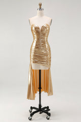 Sparkly Gold Metallic Sweetheart Ruched High-Low Cocktail Dress