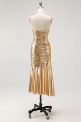Sparkly Gold Metallic Sweetheart Ruched High-Low Cocktail Dress