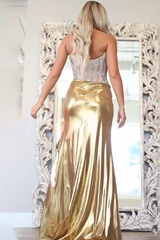 Gold strapless beaded mermaid prom dress