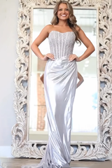 Silver strapless beaded mermaid prom dress