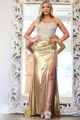 Gold strapless beaded mermaid prom dress