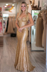 Gold sweetheart sequin column prom dress