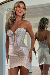 Sparkly Gold Tight Sweetheart Short Corset Homecoming Dress with Beading