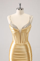 Sparkly Golden Spaghetti Straps Bodycon Satin Corset Homecoming Dress with Beading