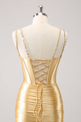 Sparkly Golden Spaghetti Straps Bodycon Satin Corset Homecoming Dress with Beading