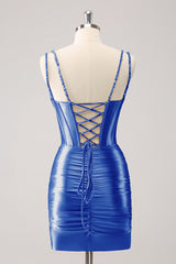 Sparkly Golden Spaghetti Straps Bodycon Satin Corset Homecoming Dress with Beading