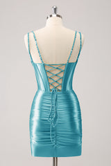 Sparkly Golden Spaghetti Straps Bodycon Satin Corset Homecoming Dress with Beading