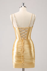 Sparkly Golden Spaghetti Straps Bodycon Satin Corset Homecoming Dress with Beading