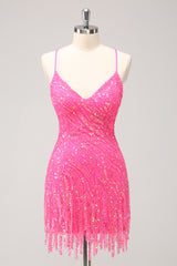 Sparkly Golden Spaghetti Straps Sequins Bodycon Short Homecoming Dress with Fringe