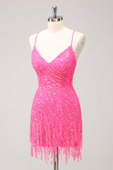 Sparkly Golden Spaghetti Straps Sequins Bodycon Short Homecoming Dress with Fringe