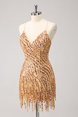 Sparkly Golden Spaghetti Straps Sequins Bodycon Short Homecoming Dress with Fringe