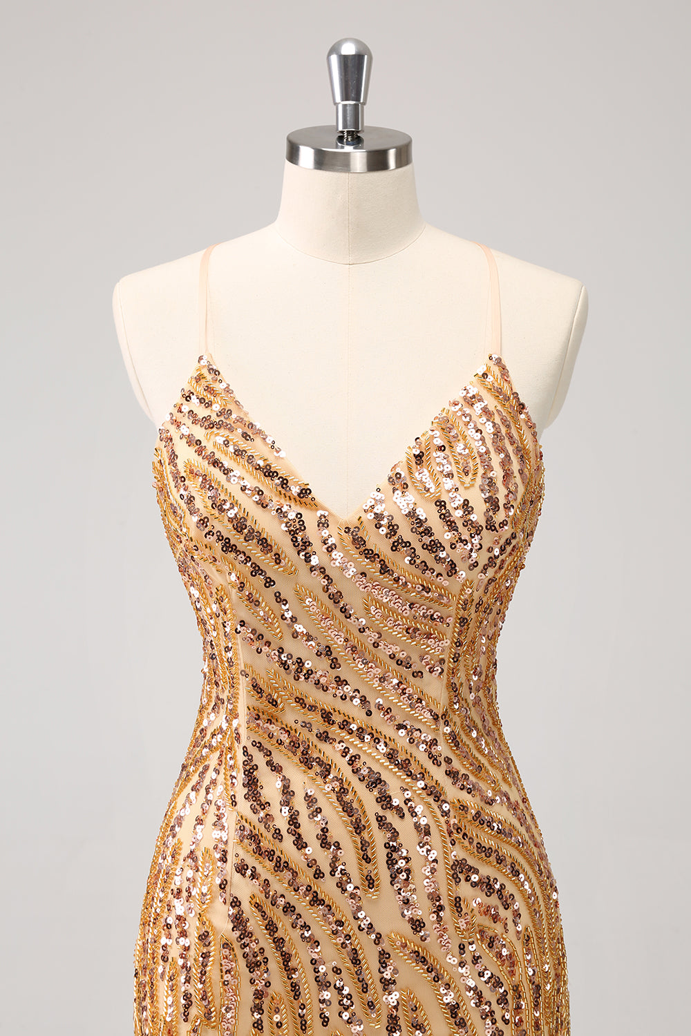Sparkly Golden Spaghetti Straps Sequins Bodycon Short Homecoming Dress with Fringe
