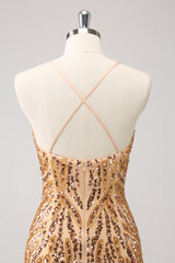 Sparkly Golden Spaghetti Straps Sequins Bodycon Short Homecoming Dress with Fringe