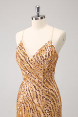 Sparkly Golden Spaghetti Straps Sequins Bodycon Short Homecoming Dress with Fringe