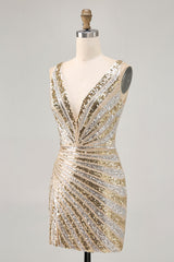 Sparkly Golden V-Neck Short Tight Homecoming Dress with Beading