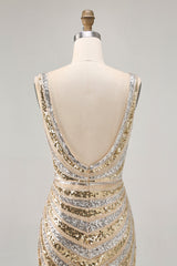 Sparkly Golden V-Neck Short Tight Homecoming Dress with Beading