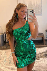 Sparkly Green One Shoulder Mirror Cut-out Bodycon Short Homecoming Dress