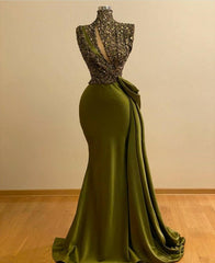 Sparkly Green Sequins High Neck Sleeveless Mermaid Prom Evening Dresses