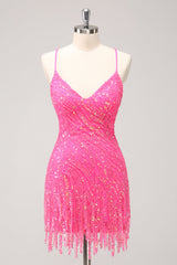Sparkly Hot Pink Spaghetti Straps Sequins Bodycon Short Homecoming Dress with Fringe