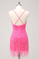 Sparkly Hot Pink Spaghetti Straps Sequins Bodycon Short Homecoming Dress with Fringe