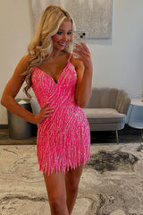 Sparkly Hot Pink Spaghetti Straps Sequins Bodycon Short Homecoming Dress with Fringe