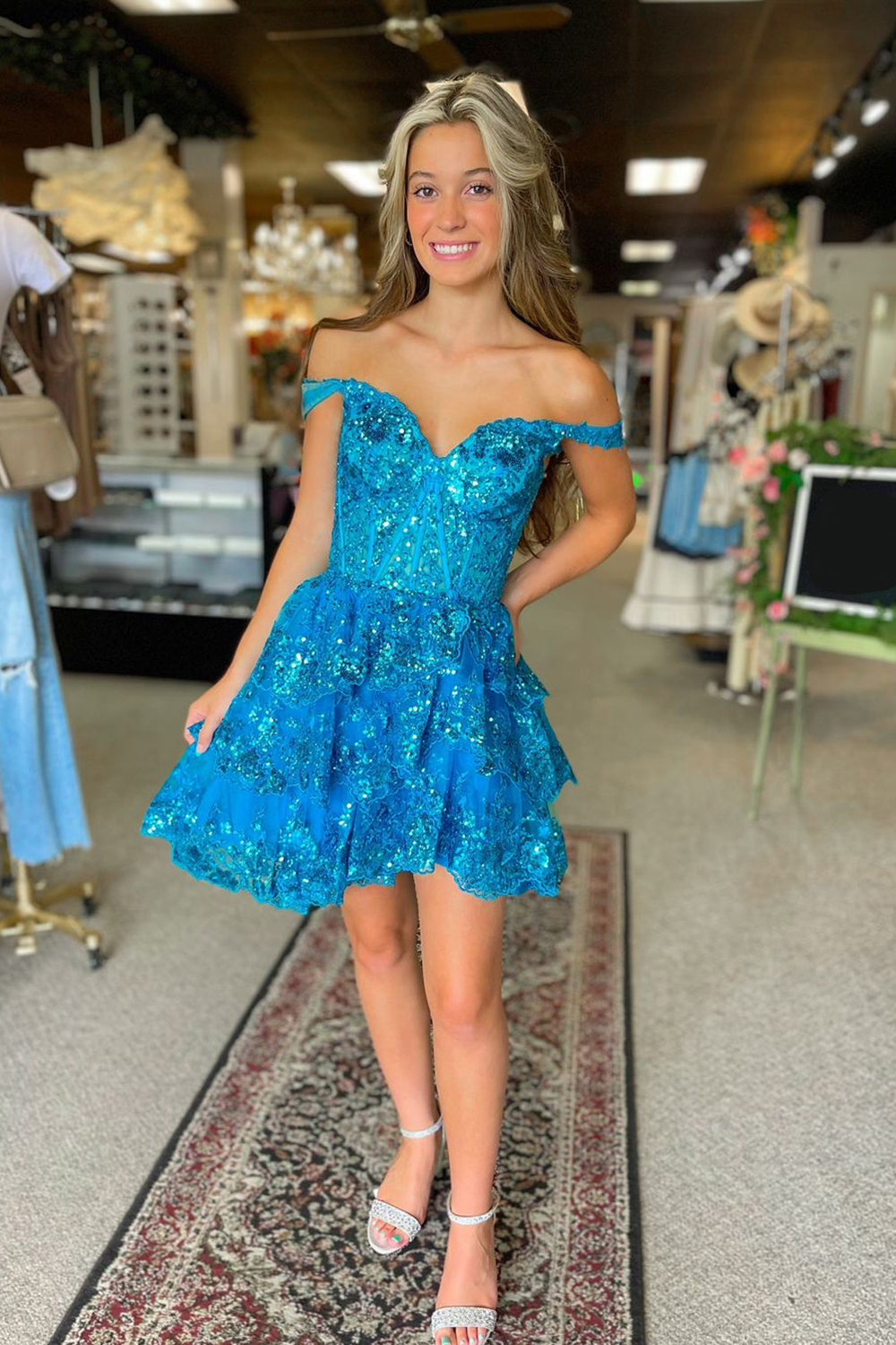 Sparkly Light Blue A Line Off the Shoulder Corset Homecoming Dress with Tiered Lace